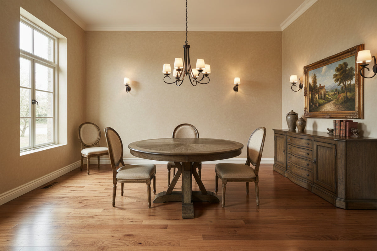 Round Solid Wood Dining Table with Pedestal Base, Light Oak Brown