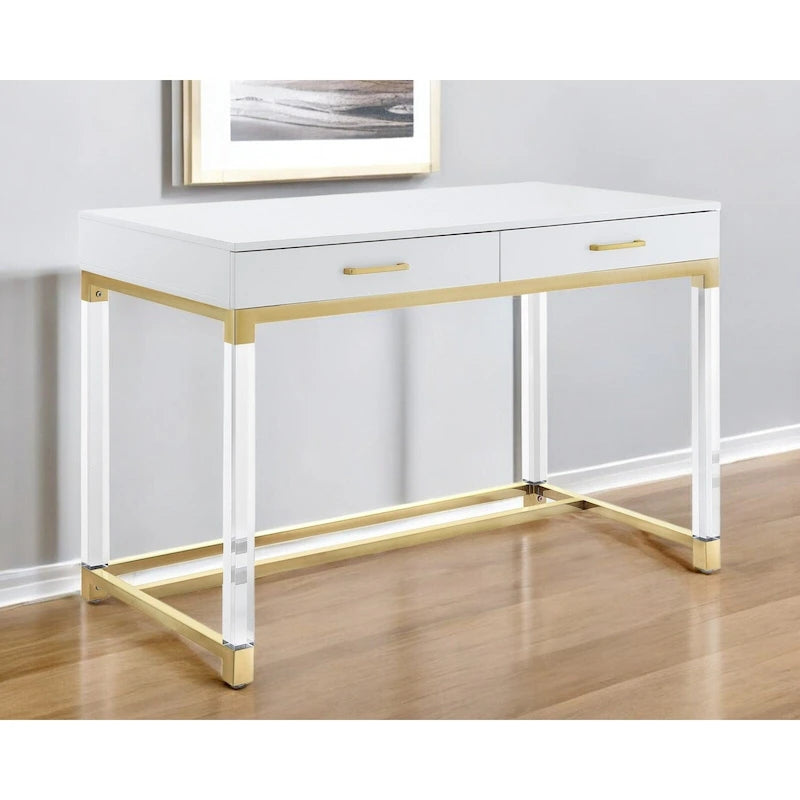 Bureau d’écriture de 48 pouces blanc, transparent et doré, en bois, acrylique et acier inoxydable, avec deux tiroirs