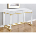 Bureau d’écriture de 48 pouces blanc, transparent et doré, en bois, acrylique et acier inoxydable, avec deux tiroirs
