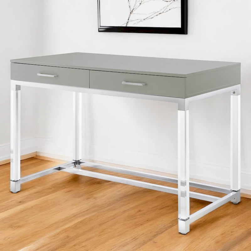 Scrivania da 48" bianca, trasparente e dorata in legno, acrilico e acciaio inox con due cassetti