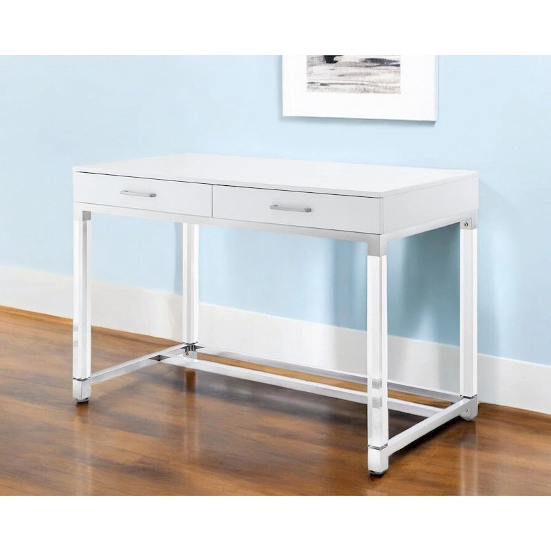 Scrivania da 48" bianca, trasparente e dorata in legno, acrilico e acciaio inox con due cassetti