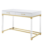 Bureau d’écriture de 48 pouces blanc, transparent et doré, en bois, acrylique et acier inoxydable, avec deux tiroirs