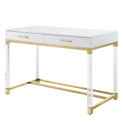 48-Zoll-Schreibtisch aus weißem, transparentem und goldenem Holz, Acryl und Edelstahl mit zwei Schubladen