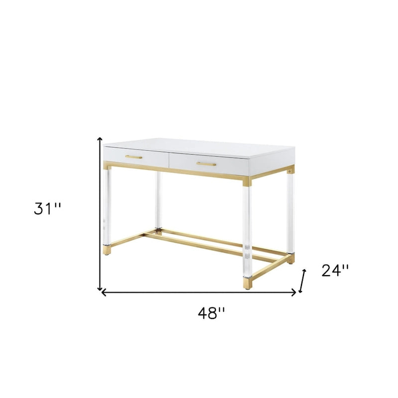 Bureau d’écriture de 48 pouces blanc, transparent et doré, en bois, acrylique et acier inoxydable, avec deux tiroirs