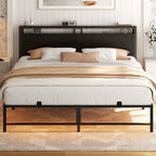 Bed Frame with headboard, Metal Platform Bed with LED Lights and Charging Station