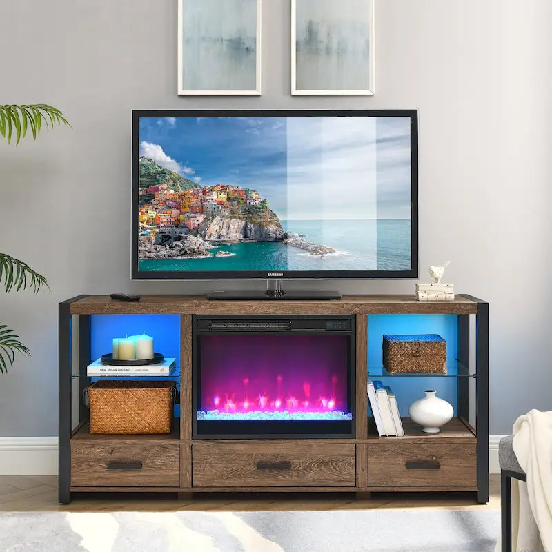 Mobile TV con camino elettrico da 60", luci LED colorate sincronizzate, finitura rovere rustico scuro