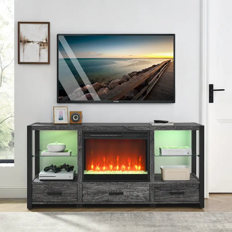 Mobile TV con camino elettrico da 60", luci LED colorate sincronizzate, finitura rovere rustico scuro