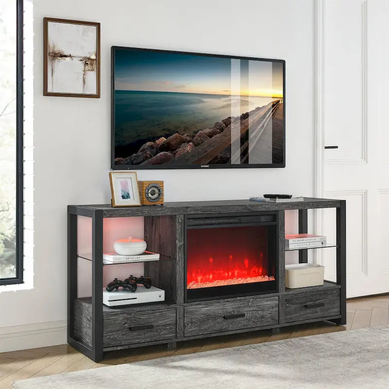 Mobile TV con camino elettrico da 60", luci LED colorate sincronizzate, finitura rovere rustico scuro