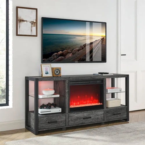 Mobile TV con camino elettrico da 60", luci LED colorate sincronizzate, finitura rovere rustico scuro