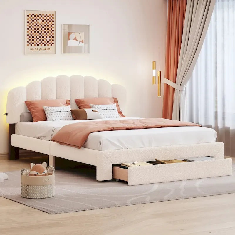 Letto a piattaforma matrimoniale con rivestimento imbottito e cassetto