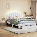 Letto a piattaforma matrimoniale con rivestimento imbottito e cassetto