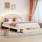 Letto a piattaforma matrimoniale con rivestimento imbottito e cassetto