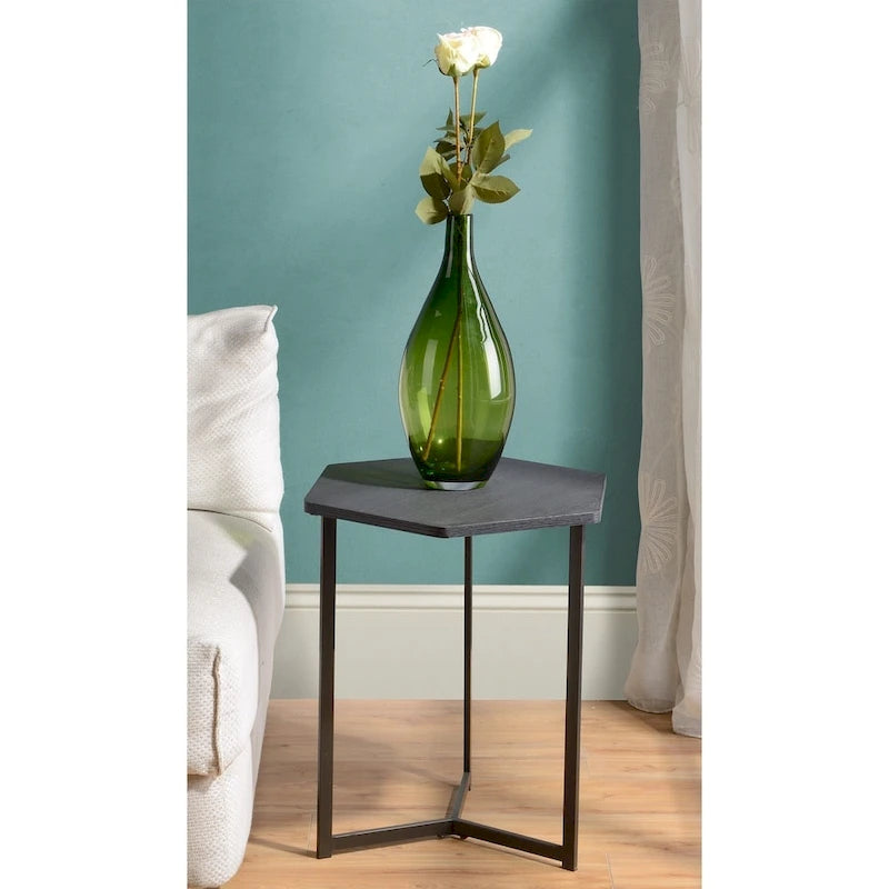 Tavolino esagonale con piano effetto legno scuro e base in metallo