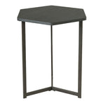 Tavolino esagonale con piano effetto legno scuro e base in metallo