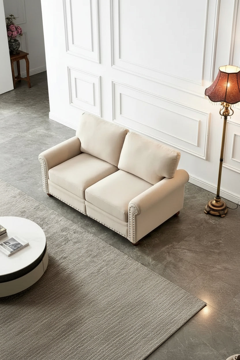 Divanetto a due posti rivestito in tessuto di lino con contenitore (beige)
