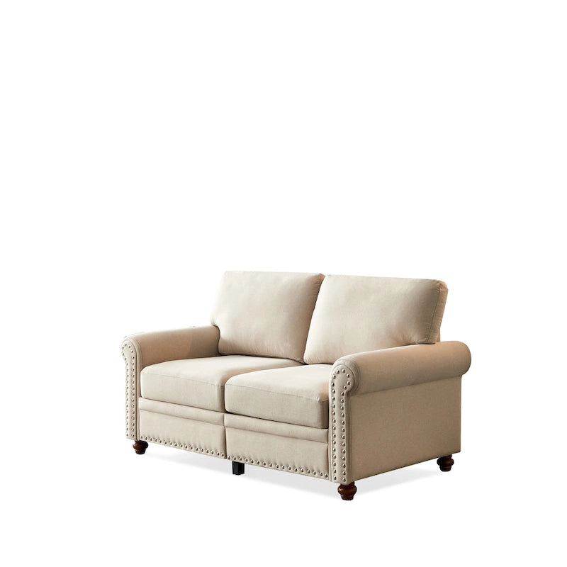 Divanetto a due posti rivestito in tessuto di lino con contenitore (beige)