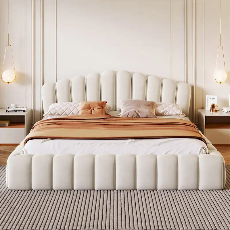 Letto a piattaforma matrimoniale da pavimento rivestito in velluto