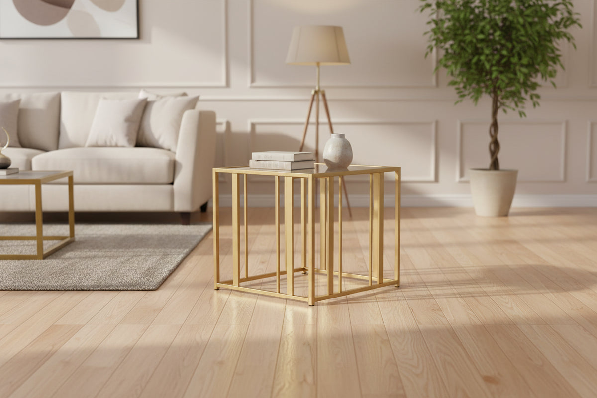 Glass Top End Table with Metal Tubular Base, Brass